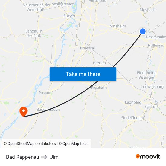 Bad Rappenau to Ulm map