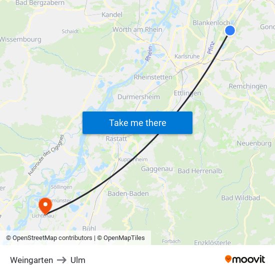 Weingarten to Ulm map