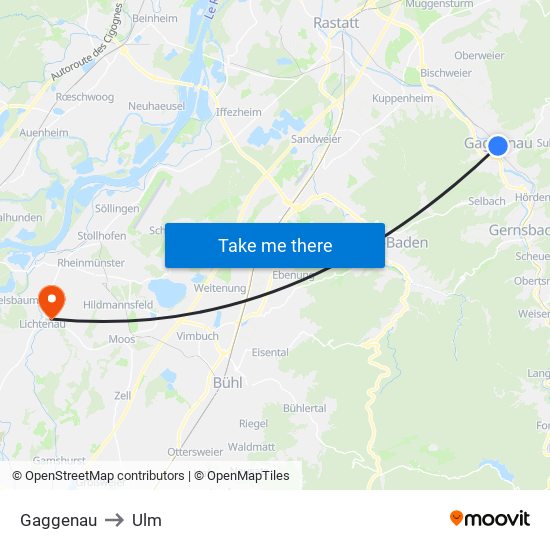 Gaggenau to Ulm map