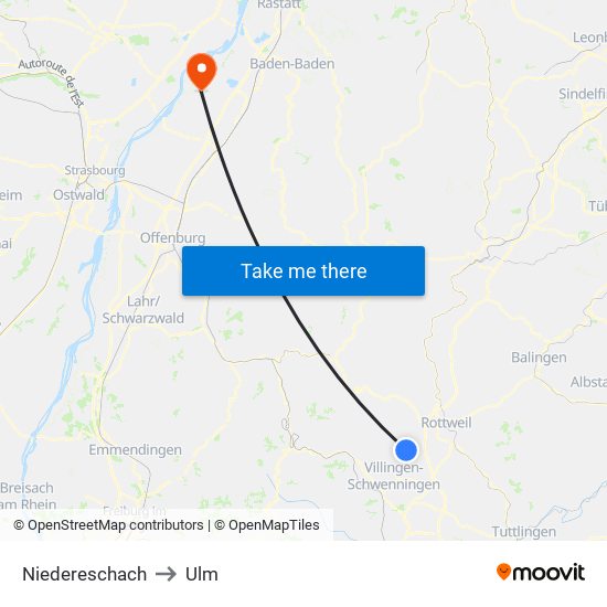 Niedereschach to Ulm map