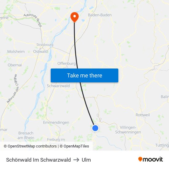 Schönwald Im Schwarzwald to Ulm map