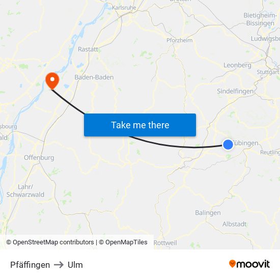 Pfäffingen to Ulm map
