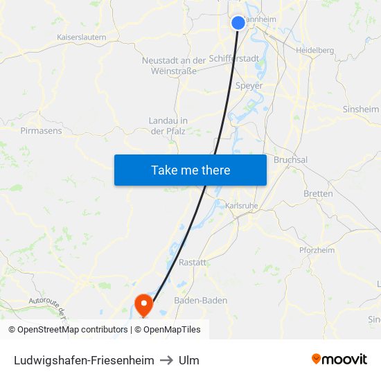 Ludwigshafen-Friesenheim to Ulm map