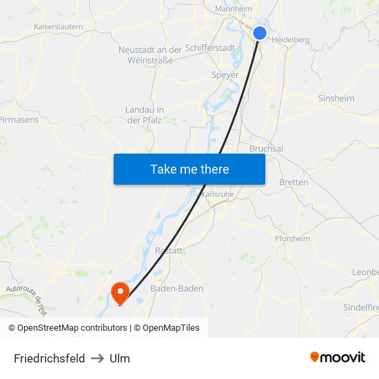 Friedrichsfeld to Ulm map