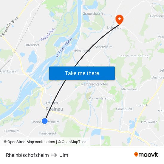 Rheinbischofsheim to Ulm map