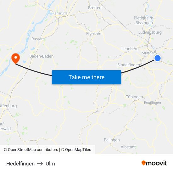 Hedelfingen to Ulm map