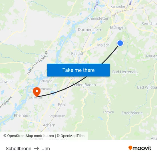 Schöllbronn to Ulm map