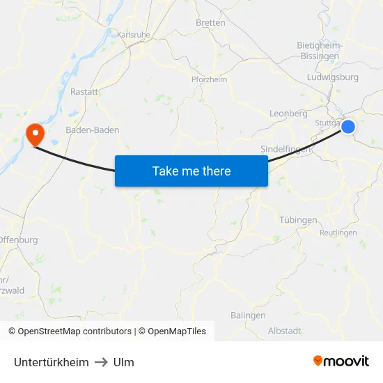 Untertürkheim to Ulm map