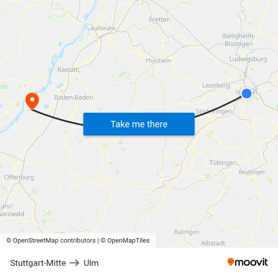 Stuttgart-Mitte to Ulm map