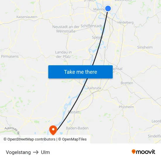 Vogelstang to Ulm map