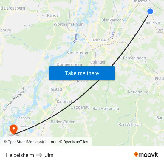 Heidelsheim to Ulm map