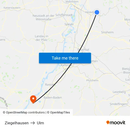Ziegelhausen to Ulm map