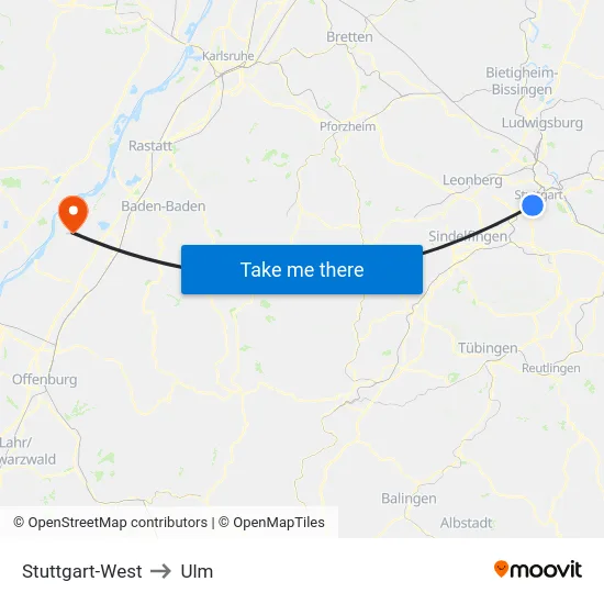 Stuttgart-West to Ulm map