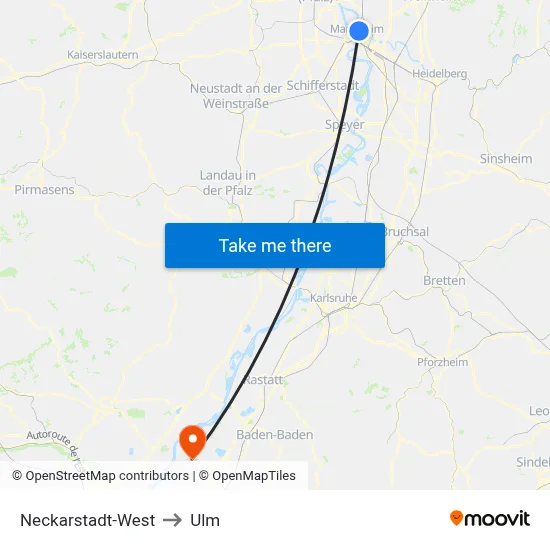 Neckarstadt-West to Ulm map