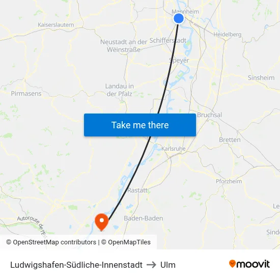 Ludwigshafen-Südliche-Innenstadt to Ulm map