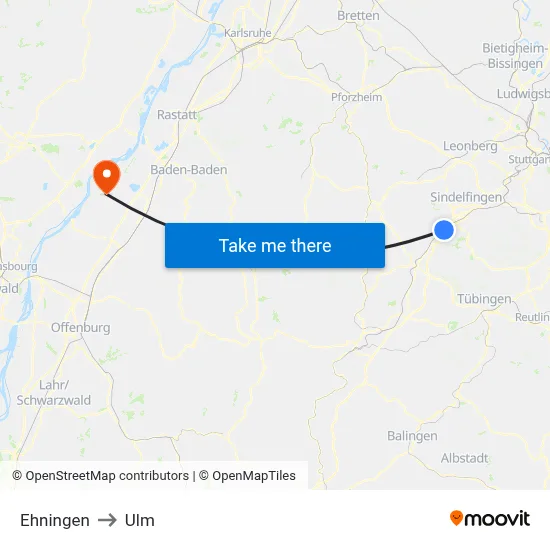 Ehningen to Ulm map