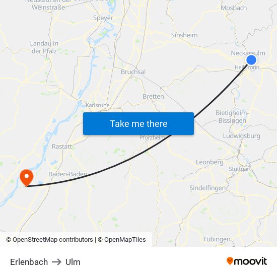 Erlenbach to Ulm map