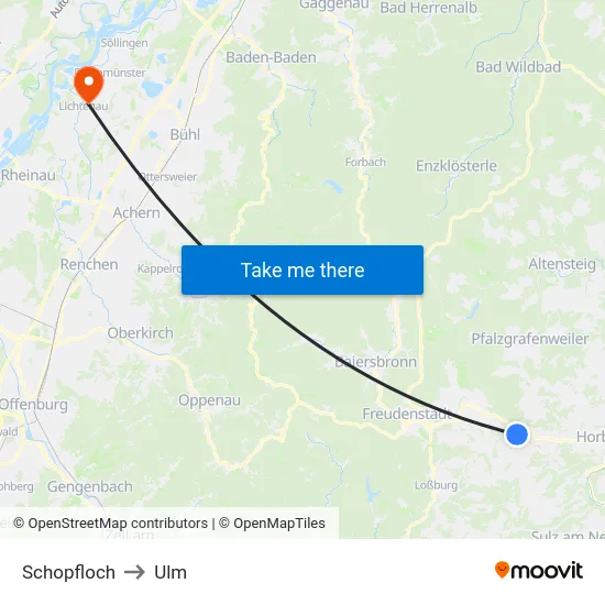 Schopfloch to Ulm map