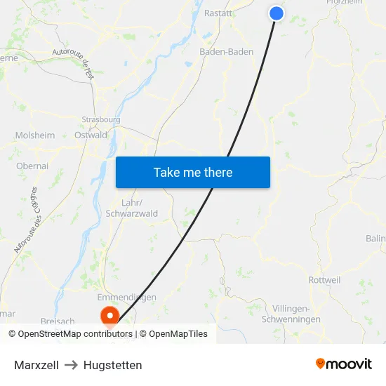 Marxzell to Hugstetten map