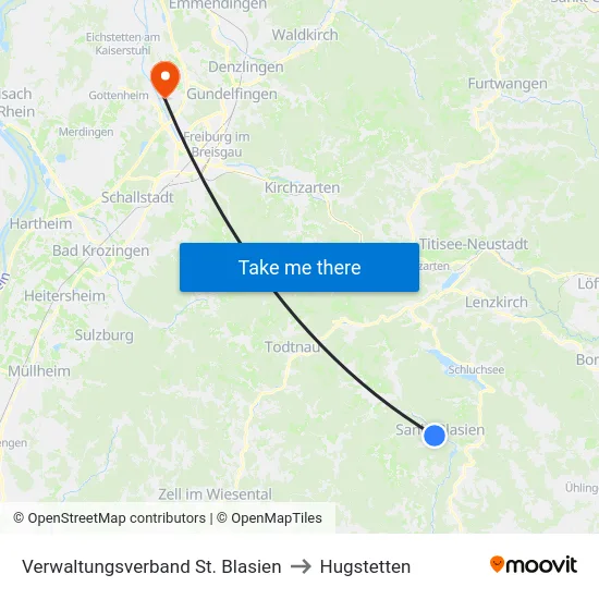 Verwaltungsverband St. Blasien to Hugstetten map