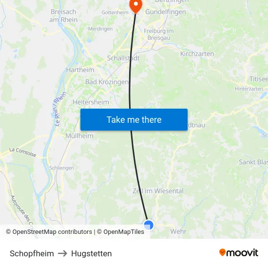 Schopfheim to Hugstetten map
