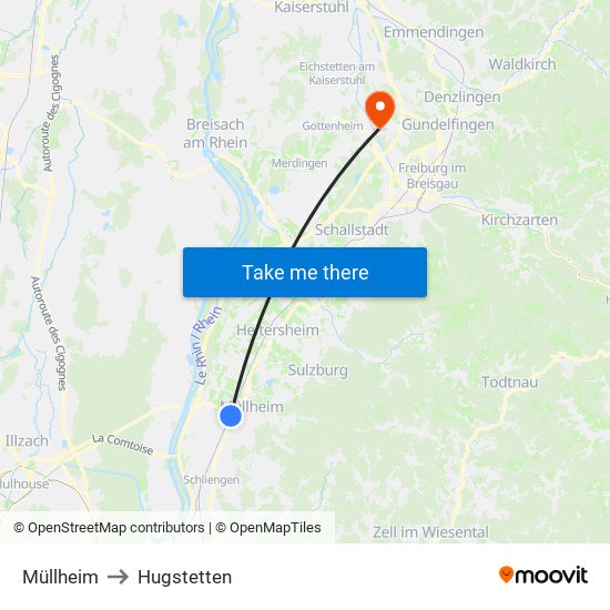 Müllheim to Hugstetten map