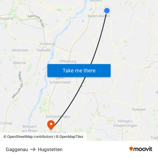 Gaggenau to Hugstetten map