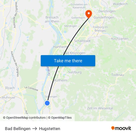 Bad Bellingen to Hugstetten map