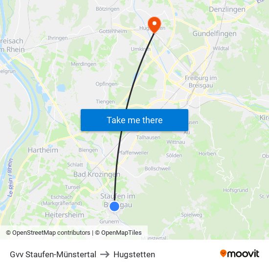 Gvv Staufen-Münstertal to Hugstetten map
