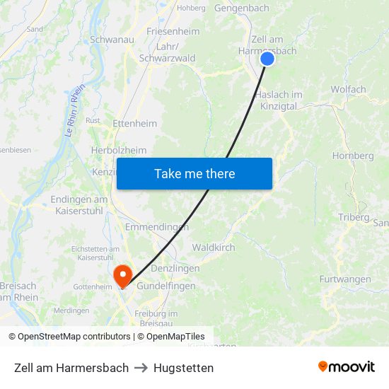 Zell am Harmersbach to Hugstetten map