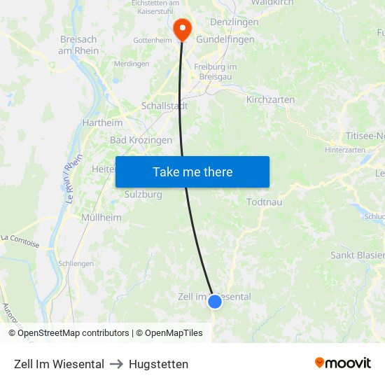 Zell Im Wiesental to Hugstetten map