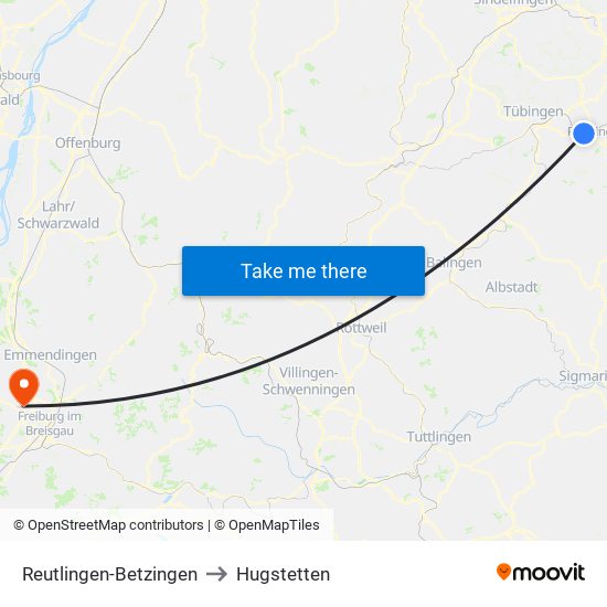 Reutlingen-Betzingen to Hugstetten map