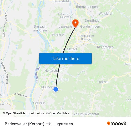 Badenweiler (Kernort) to Hugstetten map