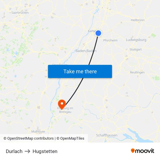 Durlach to Hugstetten map