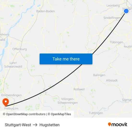 Stuttgart-West to Hugstetten map