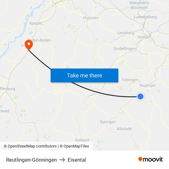 Reutlingen-Gönningen to Eisental map