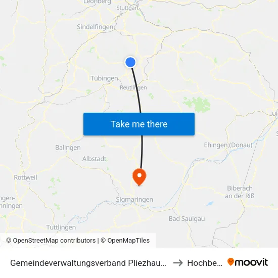 Gemeindeverwaltungsverband Pliezhausen to Hochberg map