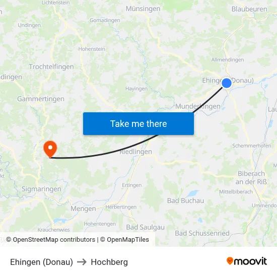 Ehingen (Donau) to Hochberg map