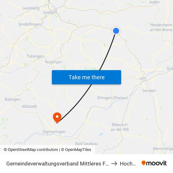 Gemeindeverwaltungsverband Mittleres Fils-Lautertal to Hochberg map