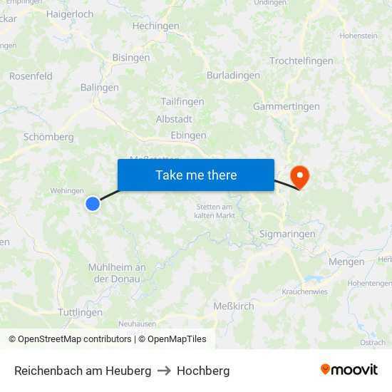 Reichenbach am Heuberg to Hochberg map