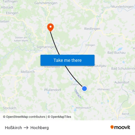 Hoßkirch to Hochberg map