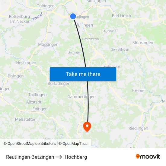 Reutlingen-Betzingen to Hochberg map