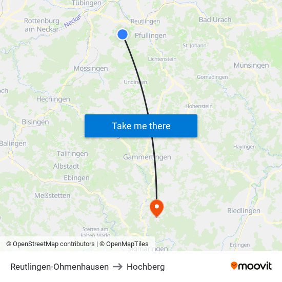 Reutlingen-Ohmenhausen to Hochberg map