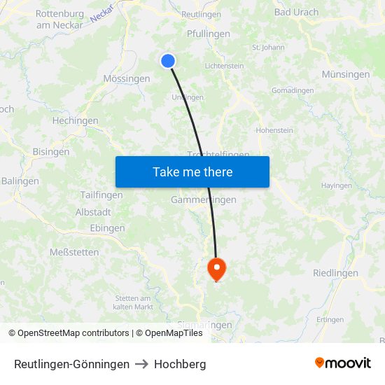 Reutlingen-Gönningen to Hochberg map