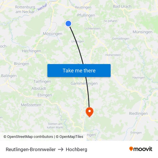 Reutlingen-Bronnweiler to Hochberg map