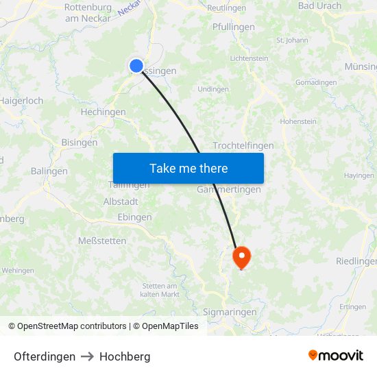 Ofterdingen to Hochberg map