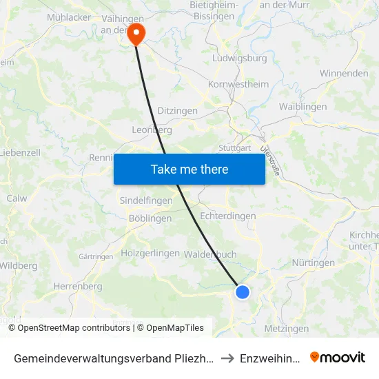 Gemeindeverwaltungsverband Pliezhausen to Enzweihingen map