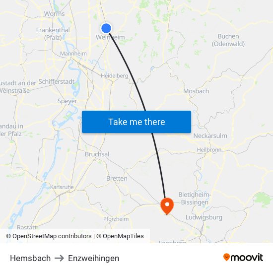 Hemsbach to Enzweihingen map