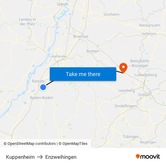 Kuppenheim to Enzweihingen map