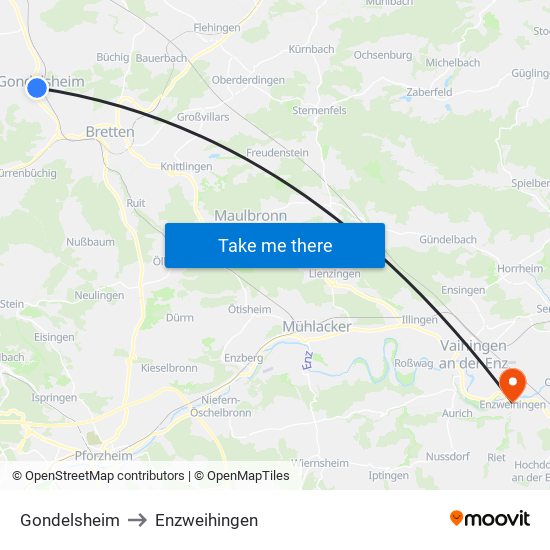Gondelsheim to Enzweihingen map